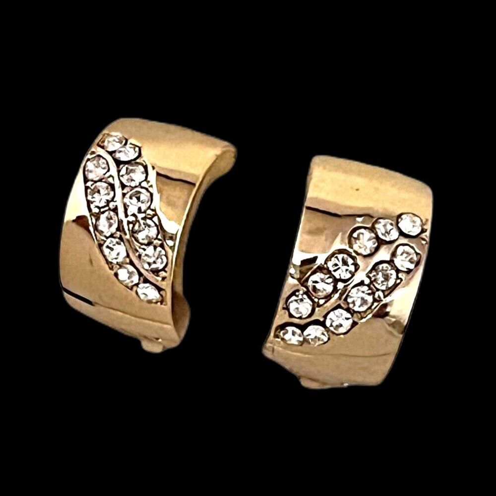 Vintage 1980s Gold Tone Earrings Crystal Clip On Rhinestone Half Hoop - 1N